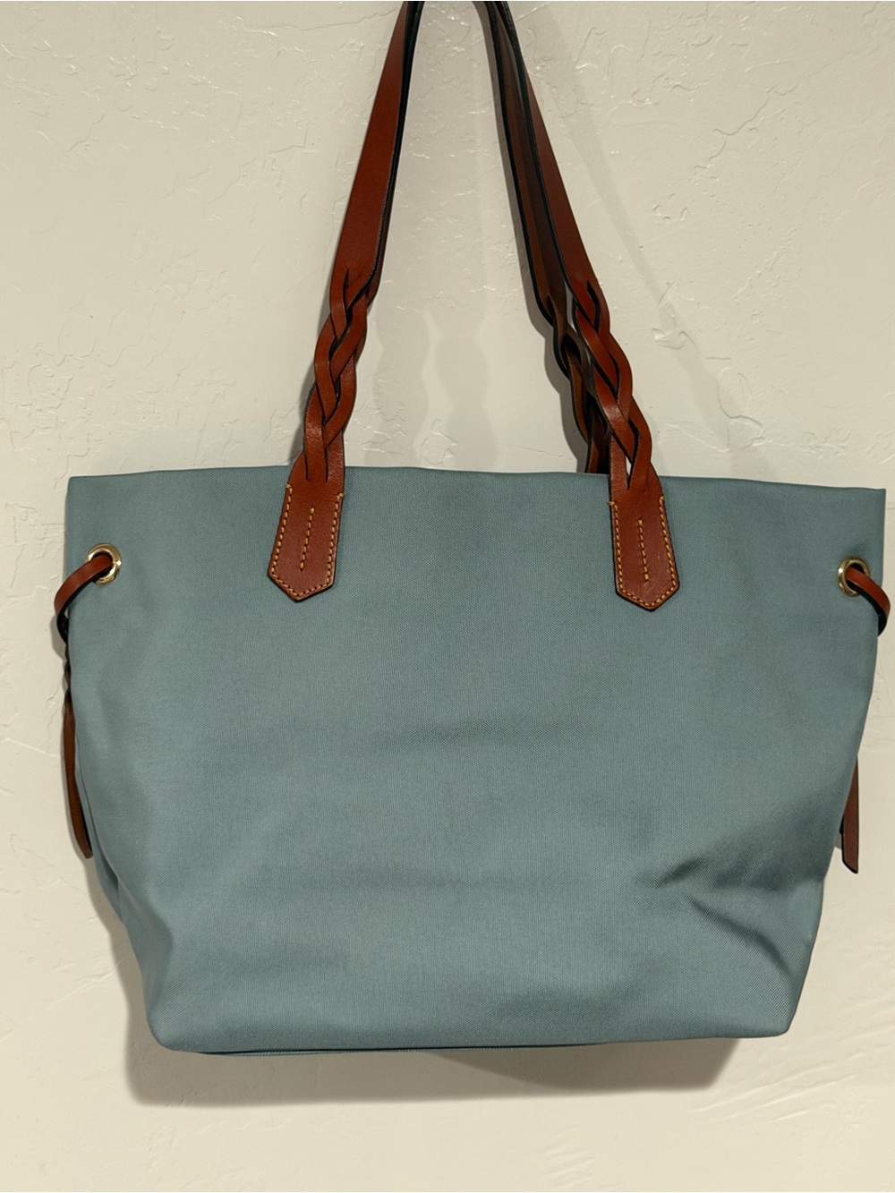 Dooney & Bourke Blue Nylon Tote Bag Braided Leather Straps Red Lining Large - Picture 4 of 13